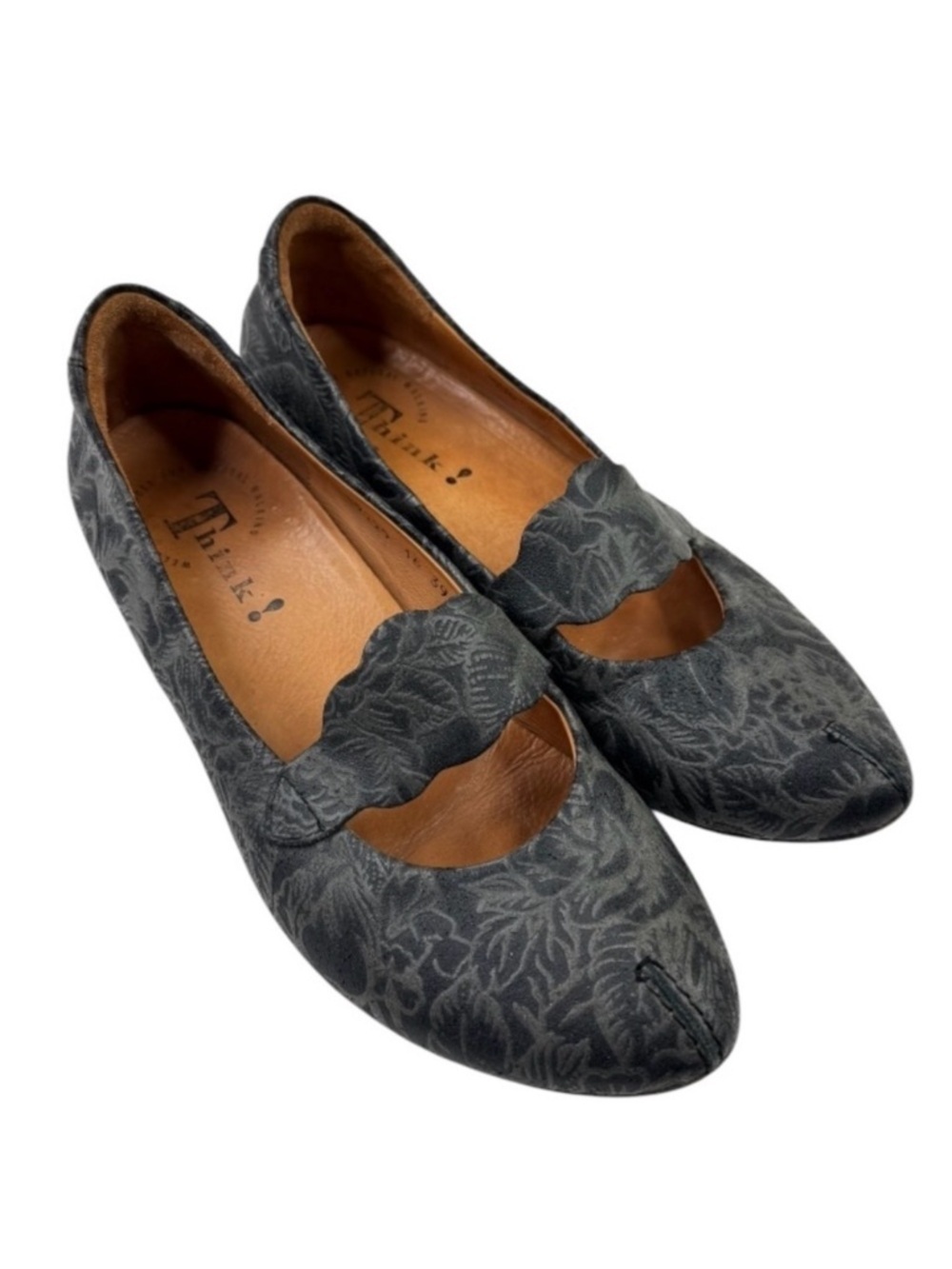 Think! Italian Leather Mary Jane Flats Floral Grey EU 39 US 8